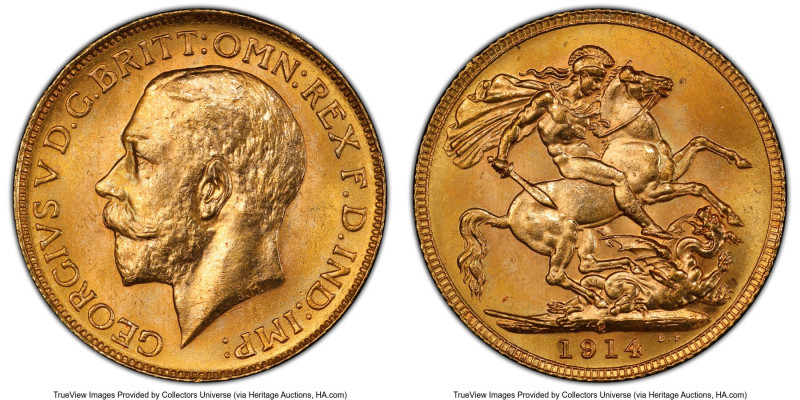 George V gold Sovereign 1914-C MS64+ PCGS, Ottawa mint, KM20, S-3997. Second-low...