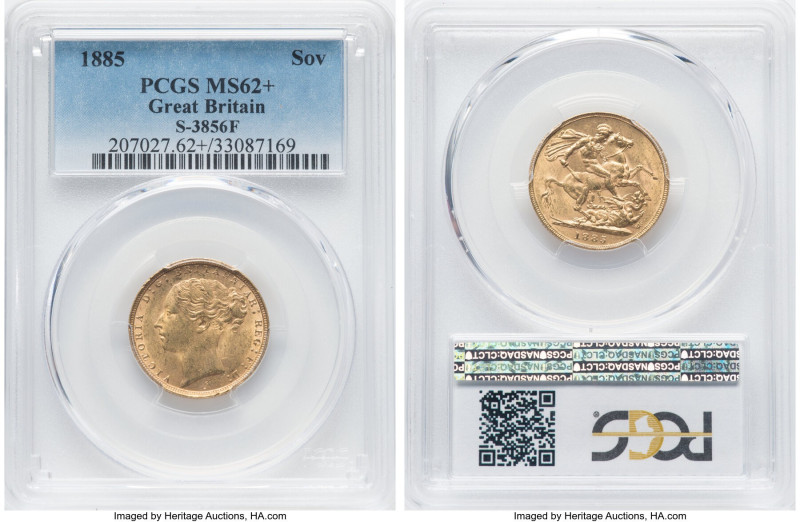 Victoria gold "St. George" Sovereign 1885 MS62+ PCGS, KM752, S-3856F. BP on reve...