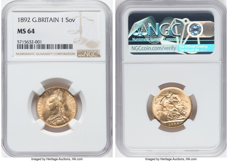 Victoria gold Sovereign 1892 MS64 NGC, KM767, S-3866C. Normal JEB, second legend...