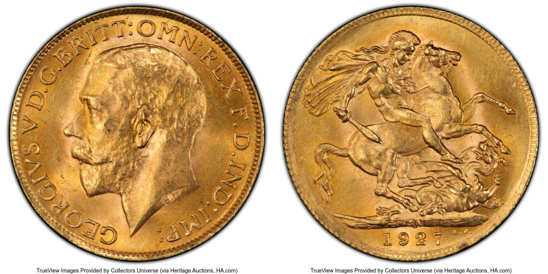 George V gold Sovereign 1927-SA MS64+ PCGS, Pretoria mint, KM21, S-4004. A near-...