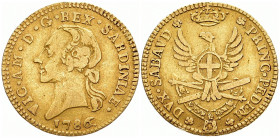 ITALIEN SARDINIEN
Victor Amadeus III., 1773-1796. 1/2 Doppia 1786, Turin. Fr. 1121; Cudazzo 984 a. 4.49 g. Leichte Fassungsspuren, fast sehr schön