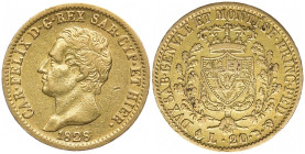 ITALIEN SARDINIEN
Karl Felix, 1821 - 1831. 20 Lire 1828, Turin. Pagani 56; Fb. 1136; Schl. 167. 6.36 g. Kleiner Randfehler, sehr schön