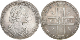 RUSSLAND GROSSFUERSTENTUM / KAISERREICH
Peter I., 1682 / 1689 - 1725. Rubel 1723, Moskau, Roter Münzhof. Bitkin 907 var.; Diakov 1333 ff. var.; Dav. ...
