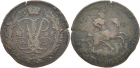 RUSSLAND GROSSFUERSTENTUM / KAISERREICH
Elisabeth, 1741 - 1761. Ku.- 2 Kopeken 1758, Moskau, Roter Münzhof. Überprägt auf einem Ku-Kopeken-Stück, St....