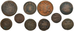 RUSSLAND GROSSFUERSTENTUM / KAISERREICH
Elisabeth, 1741 - 1761. Ku.- Kopeke 1759; Ku.-2 Kopeken 1757, 1759, 1762; Ku.-Kopeke 1761. 5 Stück. Mit Fehle...