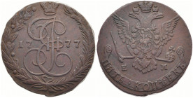 RUSSLAND GROSSFUERSTENTUM / KAISERREICH
Katharina II., 1762 - 1796. Ku.- 5 Kopeken 1777 EM, Ekaterinburg. Bitkin 626. 44.07 g. Sehr schön-vorzüglich...