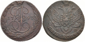 RUSSLAND GROSSFUERSTENTUM / KAISERREICH
Katharina II., 1762 - 1796. Ku.- 5 Kopeken 1793 EM, Ekaterinburg. Bitkin 647. 50.72 g. Fast vorzüglich