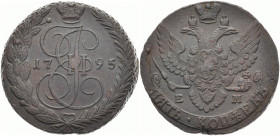 RUSSLAND GROSSFUERSTENTUM / KAISERREICH
Katharina II., 1762 - 1796. Ku.- 5 Kopeken 1795 EM, Ekaterinburg. Bitkin 648. 51.46 g. Min. Schrötlingsfehler...