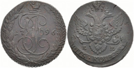 RUSSLAND GROSSFUERSTENTUM / KAISERREICH
Katharina II., 1762 - 1796. Ku.- 5 Kopeken 1796 EM, Ekaterinburg. Bitkin 650 (R).. 46.36 g. R Winz. Schrötlin...