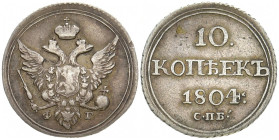 RUSSLAND GROSSFUERSTENTUM / KAISERREICH
Alexander I., 1801 - 1825. 10 Kopeken 1804, St. Petersburg. Bitkin 64 (R). 2.02 g. R Sehr schön +