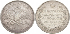 RUSSLAND GROSSFUERSTENTUM / KAISERREICH
Nikolaus I., 1825 - 1855. Rubel 1828 NG, St. Petersburg. Bitkin 106. 20.43 g. Sehr schön +