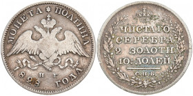 RUSSLAND GROSSFUERSTENTUM / KAISERREICH
Nikolaus I., 1825 - 1855. Poltina (1/2 Rubel) 1828, St. Petersburg. Bitkin 118. 10.29 g. Fast sehr schön
