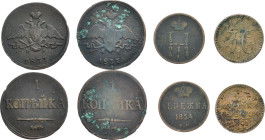 RUSSLAND GROSSFUERSTENTUM / KAISERREICH
Nikolaus I., 1825 - 1855. Ku.- Kopeke 1837 EM HA, Ku.- Kopeke 1837 EM KT; Ku.- Deneghka 1854 EM; Ku.- 1/4 Kop...
