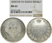 RUSSLAND GROSSFUERSTENTUM / KAISERREICH
Nikolaus I., 1825 - 1855. Rubel 1850 PA, St. Petersburg. In US-Plasikholder der NGC mit der Bewertung MS 62 (...