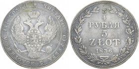 RUSSLAND GROSSFUERSTENTUM / KAISERREICH
Nikolaus I., 1825 - 1855, für Polen. 3/4 Rubel (5 Zloty) 1836, Warschau. Bitkin 1141. 15.32 g. Gestopftes Loc...
