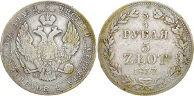 RUSSLAND GROSSFUERSTENTUM / KAISERREICH
Nikolaus I., 1825 - 1855, für Polen. 3/4 Rubel (5 Zloty) 1837, Warschau. Bitkin 1143. 15.21 g. Bearbeitet, sc...