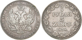 RUSSLAND GROSSFUERSTENTUM / KAISERREICH
Nikolaus I., 1825 - 1855, für Polen. 3/4 Rubel (5 Zloty) 1838, Warschau. Bitkin 1144. 15.28 g. Fast sehr schö...