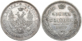 RUSSLAND GROSSFUERSTENTUM / KAISERREICH
Alexander II., 1855 - 1881. Poltina (1/2 Rubel) 1857, St. Petersburg. Bitkin 51. 10.33 g. Fast vorzüglich