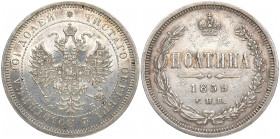 RUSSLAND GROSSFUERSTENTUM / KAISERREICH
Alexander II., 1855 - 1881. Poltina (1/2 Rubel) 1859 FB, St. Petersburg. Bitkin 97. 10.33 g. Rückseite min. b...