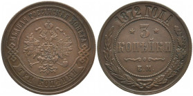 RUSSLAND GROSSFUERSTENTUM / KAISERREICH
Alexander II., 1855 - 1881. Ku.- 3 Kopeken 1872, EM. 9.52 g. Sehr schön-vorzüglich