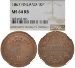 RUSSLAND GROSSFUERSTENTUM / KAISERREICH
Alexander II., 1855 - 1881, für Finnland. Ku.- 10 Penny 1867. In US-Plastikholder der NGC mit der Bewertung M...