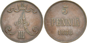 RUSSLAND GROSSFUERSTENTUM / KAISERREICH
Alexander III., 1881 - 1894, für Finnland. Ku.- 5 Penny 1888, Helsinki. Bitkin 246. 6.37 g. Sehr schön-vorzüg...