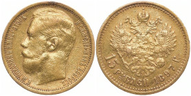 RUSSLAND GROSSFUERSTENTUM / KAISERREICH
Nikolaus II., 1894 - 1917. 15 Rubel 1897 AG, St. Petersburg. Bitkin 1 (R); Fr. 177. 12.90 g. Kl. Henkelspur, ...
