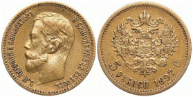 RUSSLAND GROSSFUERSTENTUM / KAISERREICH
Nikolaus II., 1894 - 1917. 5 Rubel 1897 AG, St. Petersburg. Bitkin 18; Fr. 180. 4.26 g. Sehr schön +