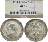 RUSSLAND GROSSFUERSTENTUM / KAISERREICH
Nikolaus II., 1894 - 1917. 50 Kopeken 1914, St. Petersburg. n US-Plastikholder der NGC mit der Bewertung MS 6...
