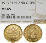 RUSSLAND GROSSFUERSTENTUM / KAISERREICH
Nikolaus II., 1894 - 1917, für Finnland. 10 Markkaa 1913 S, Helsinki. In US-Plasikholder der NGC mit der Bewe...