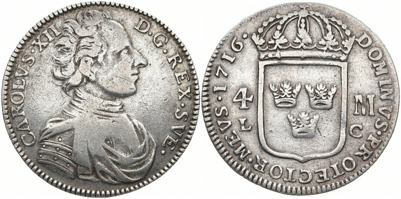 SCHWEDEN
Karl XII., 1697 - 1718. 4 Mark 1716 (Jahreszahl im Stempel aus 1715 ge...