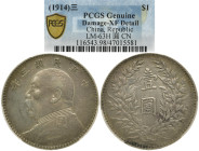 CHINA 1. REPUBLIK
1912 - 1949. Dollar 1914. In US-Plasikholder der PCGS mit der Bewertung Geniune Damage-XF Detail (116543.98/47015581). L&M 63. Krat...