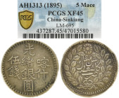 CHINA PROVINZ SINKIANG
 5 Mace 1895 (AH1313). In US-Plasikholder der PCGS mit der Bewertung XF45 (437287.45/47015580). LM 695. Sehr schön-vorzüglich...