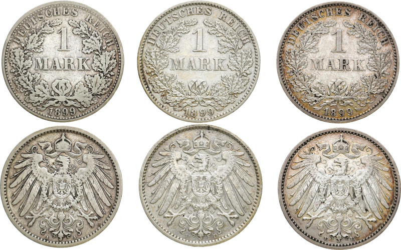 REICHSKLEINMÜNZEN
 1 Mark 1899 A, D, E. J. 17. 3 Stück Sehr schön-vorzüglich...