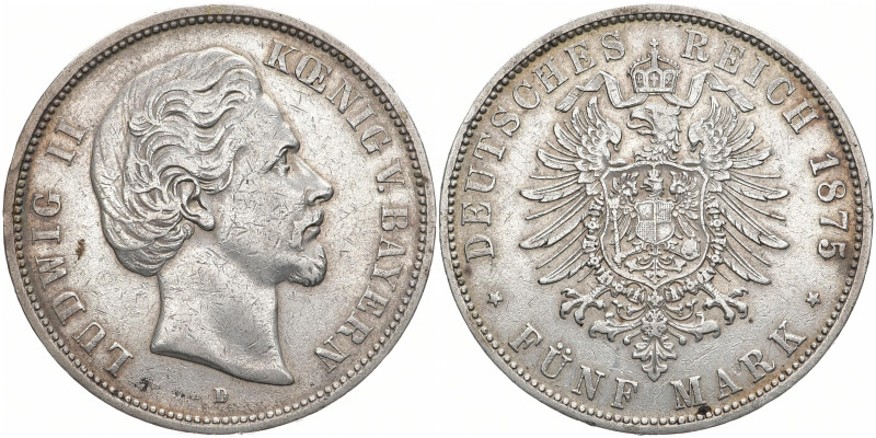 REICHSSILBERMÜNZEN BAYERN
Ludwig II., 1864-1886. 5 Mark 1875 D, München. J. 42....