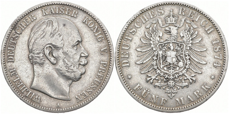 REICHSSILBERMÜNZEN PREUSSEN
Wilhelm I., 1861-1888. 5 Mark 1874 A. J. 97. 27.43 ...