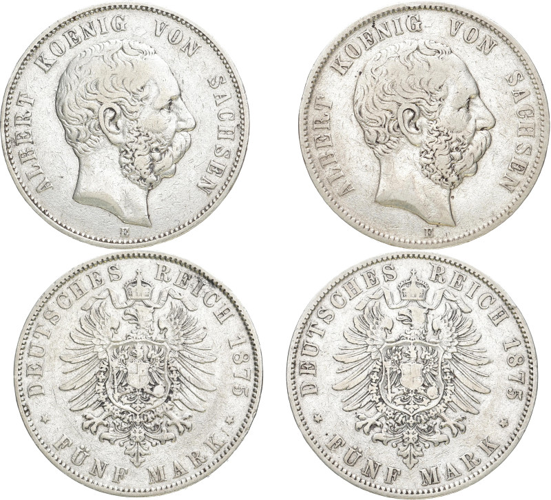 REICHSSILBERMÜNZEN SACHSEN
Albert, 1873 - 1902. 5 Mark 1875 E. J. 122. 2 Stück....