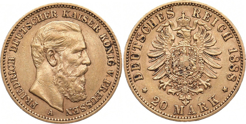 REICHSGOLDMÜNZEN PREUSSEN
Friedrich III., 1888. 20 Mark 1888 A. J. 248. 7.91 g....