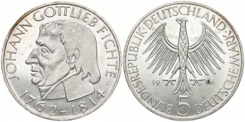 B R D
 5 Deutsche Mark 1964 J, Fichte. J. 393. 11.05 g. Vorzüglich-Stempelglanz...