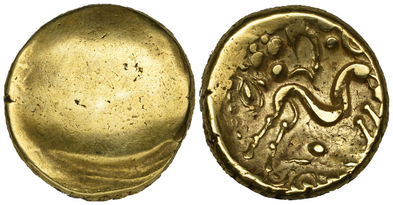 Gallo-Belgic, gold stater, 1st century BC, obverse plain, rev., horse right, pel...