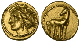 Zeugitana, Carthage, gold fifth stater, 350-320 BC, head of Tanit left, rev., horse standing right with head turned back, 1.87g (Jenkins & Lewis 128 s...