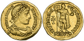 Valentinian I (364-375), solidus, Antioch, 364, diademed bust right, rev., Emperor standing right holding labarum and Victory on globe; cross in field...