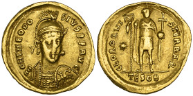 Theodosius II (402-450), solidus, Thessalonica, helmeted bust facing three-quarters right, holding spear and shield, rev., emperor standing facing, ho...