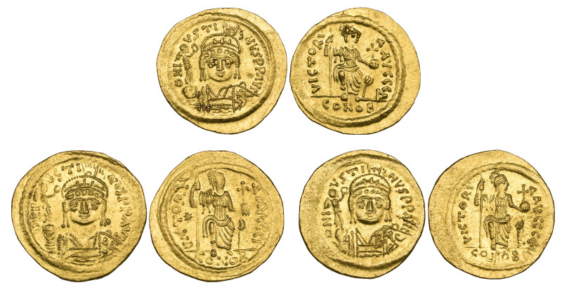 Justin II (565-578), solidi (3), Constantinople, facing bust holding globe surmo...