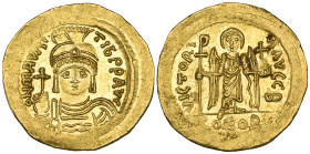 Maurice Tiberius (582-602), solidus, Constantinople, 584-602, facing bust holding globus cruciger, rev., angel standing facing holding Christogram-top...