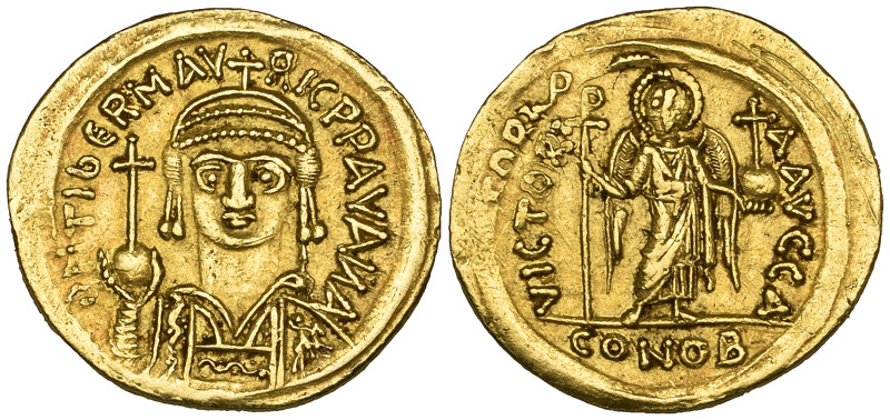 Maurice Tiberius (582-602), solidus, Carthage, facing bust holding globus crucig...