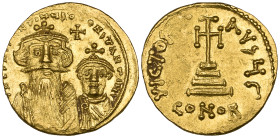 Constans II (641-668), solidus, Constantinople, facing busts of Constans II and Constantine IV, between their heads, cross, rev., cross potent on thre...