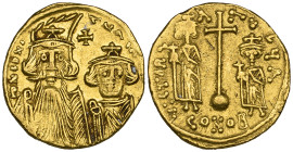 Constans II (641-668), solidus, Constantinople, facing busts of Constans II and Constantine IV, between their heads cross, rev., long cross potent on ...