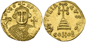 Leontius (695-698), solidus, Constantinople, facing bust holding akakia and globus cruciger, rev., cross potent on three steps; officina Z; in ex., CO...