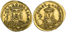 Leo V, the Armenian (813-820), solidus, Constantinople, facing bust holding potent cross and akakia; in left field, pellet, rev., facing bust of Const...